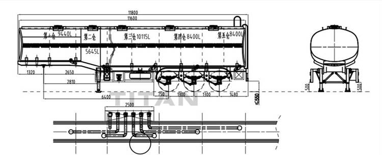 45000 liters 5 compartments fuel tanker technical drawing